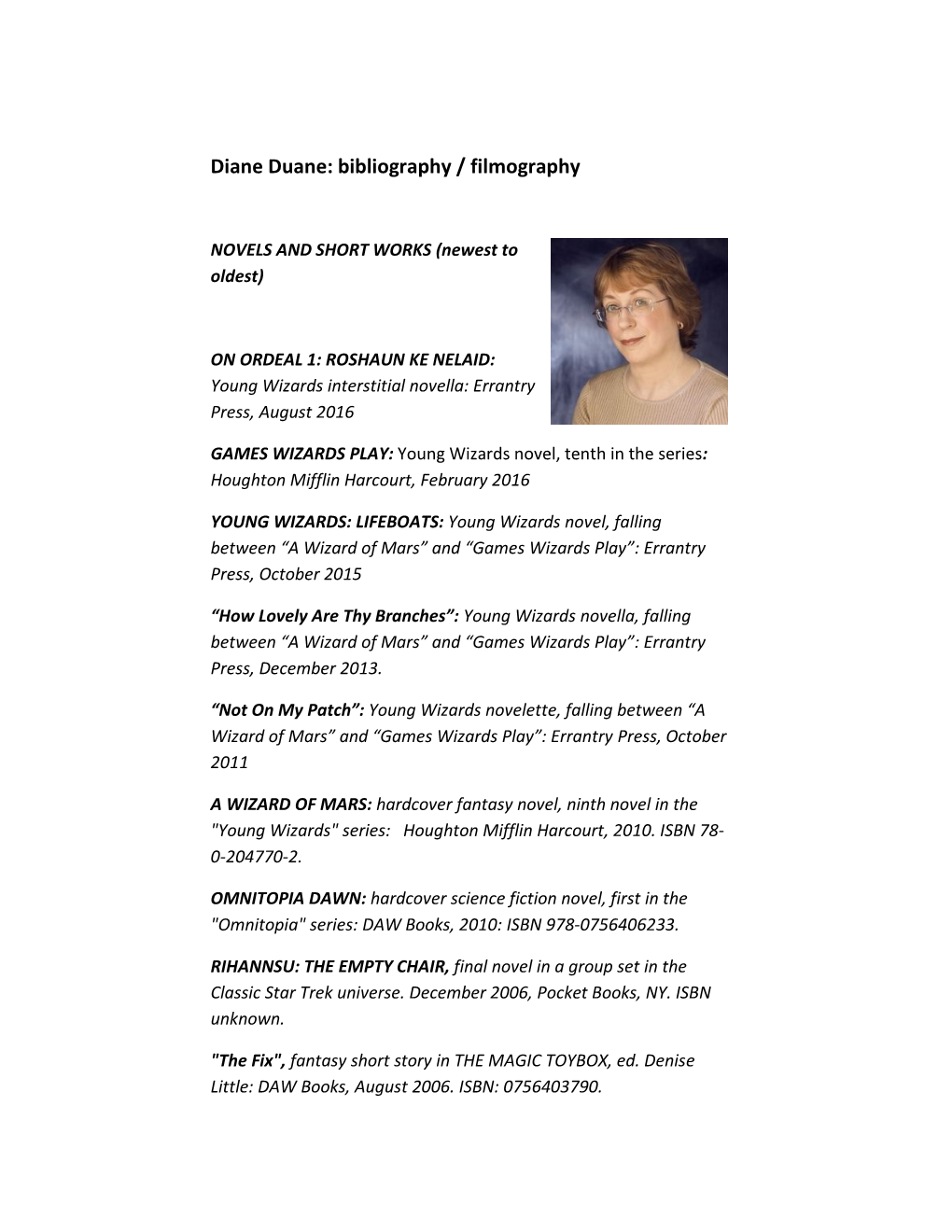 Diane Duane: Bibliography / Filmography