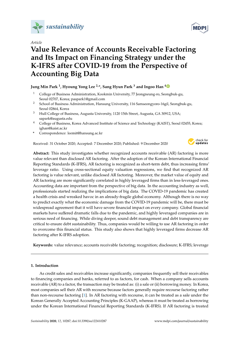 Value Relevance of Accounts Receivable Factoring and Its Impact on Financing Strategy Under the K-IFRS After COVID-19 from the Perspective of Accounting Big Data