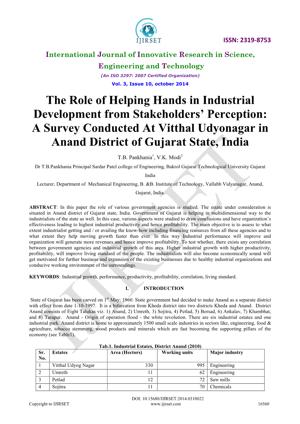 The Role of Helping Hands in Industrial Development from Stakeholders’ Perception: a Survey Conducted at Vitthal Udyonagar in Anand District of Gujarat State, India