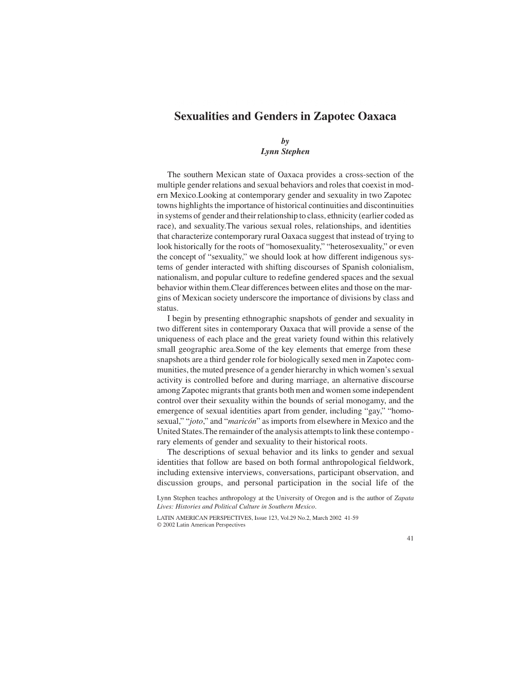 SEXUALITIES and GENDERS in ZAPOTEC OAXACA Sexualities and Genders in Zapotec Oaxaca