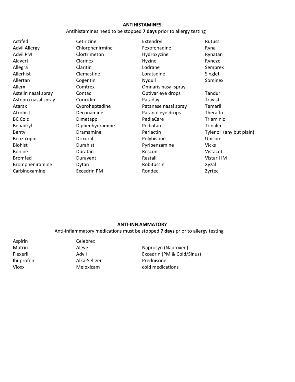 ANTIHISTAMINES Antihistamines Need to Be Stopped 7 Days Prior to Allergy Testing