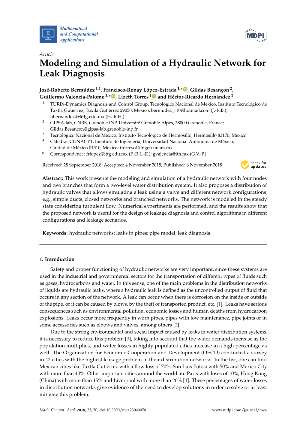 Modeling and Simulation of a Hydraulic Network for Leak Diagnosis