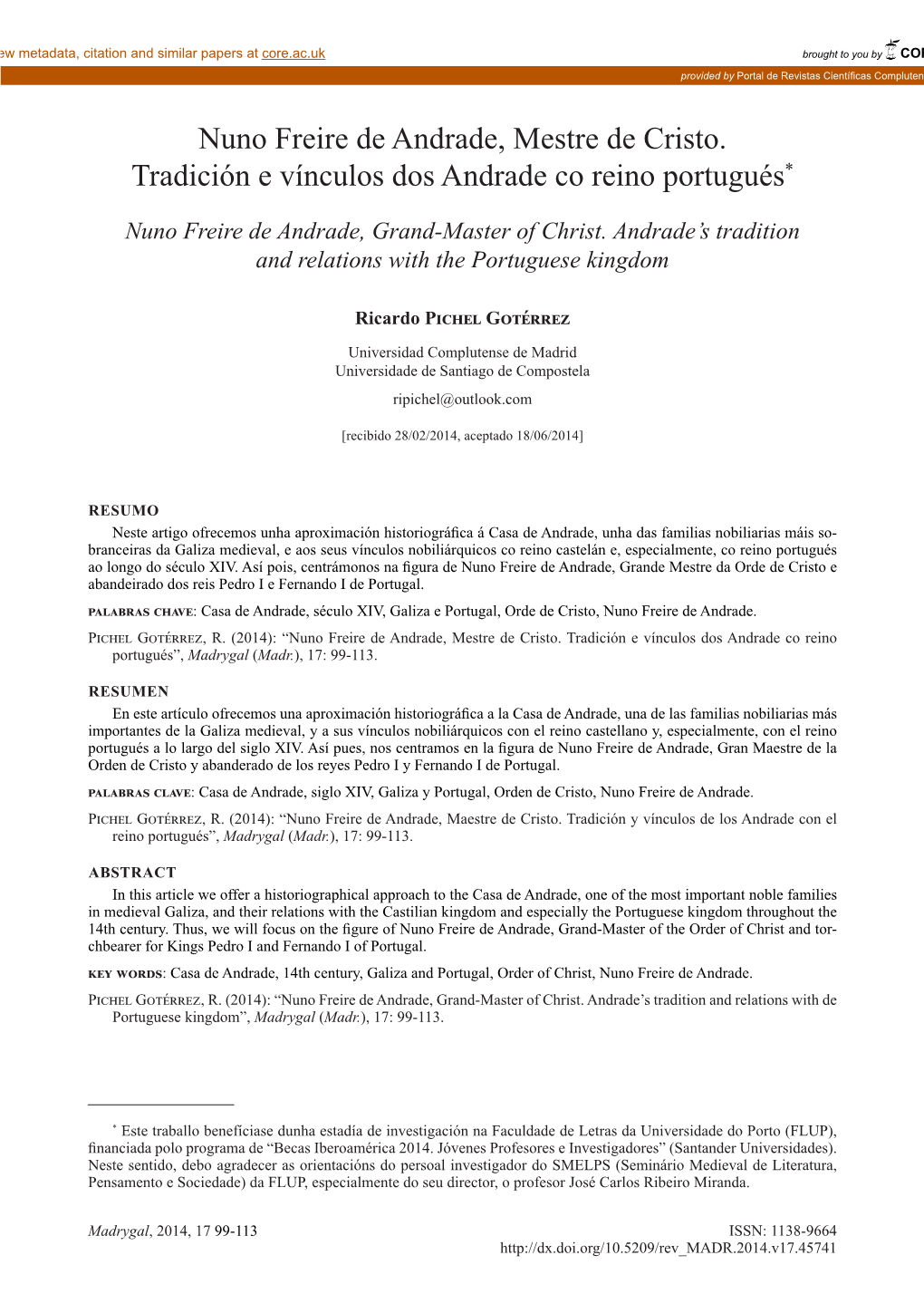 Nuno Freire De Andrade, Mestre De Cristo. Tradición E Vínculos Dos Andrade Co Reino Portugués*