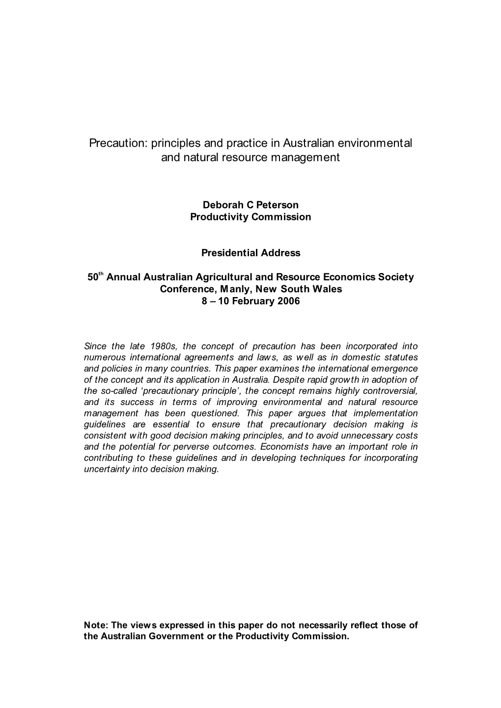 Precaution: Principle and Practice in Australian Environmental And