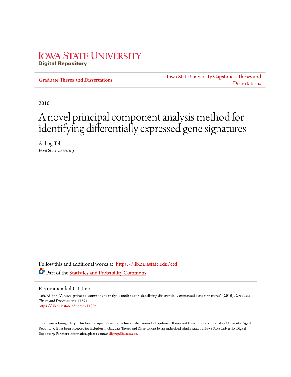 A Novel Principal Component Analysis Method for Identifying Differentially Expressed Gene Signatures Ai-Ling Teh Iowa State University
