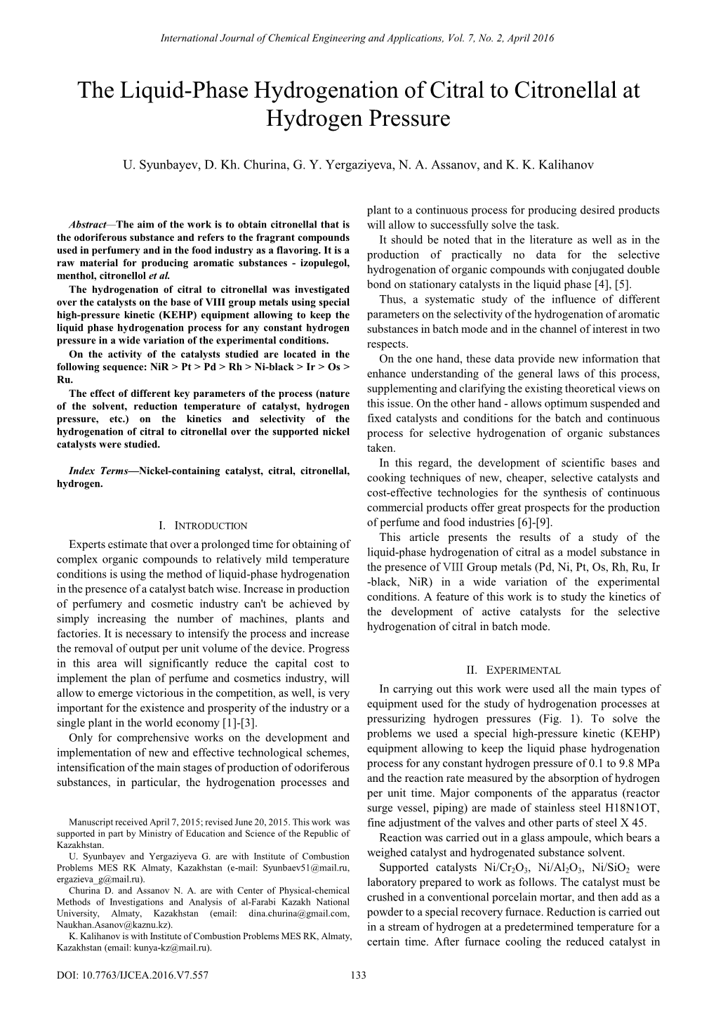 The Liquid-Phase Hydrogenation of Citral to Citronellal at Hydrogen Pressure