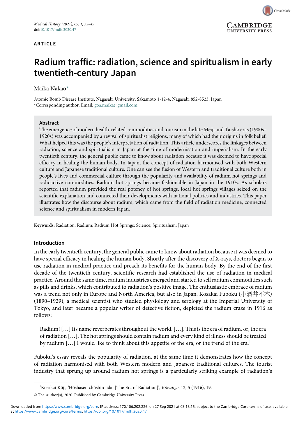 Radium Traffic: Radiation, Science and Spiritualism in Early Twentieth-Century Japan