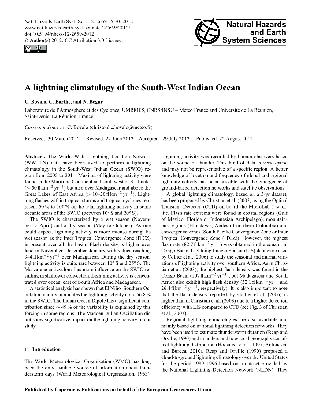 A Lightning Climatology of the South-West Indian Ocean