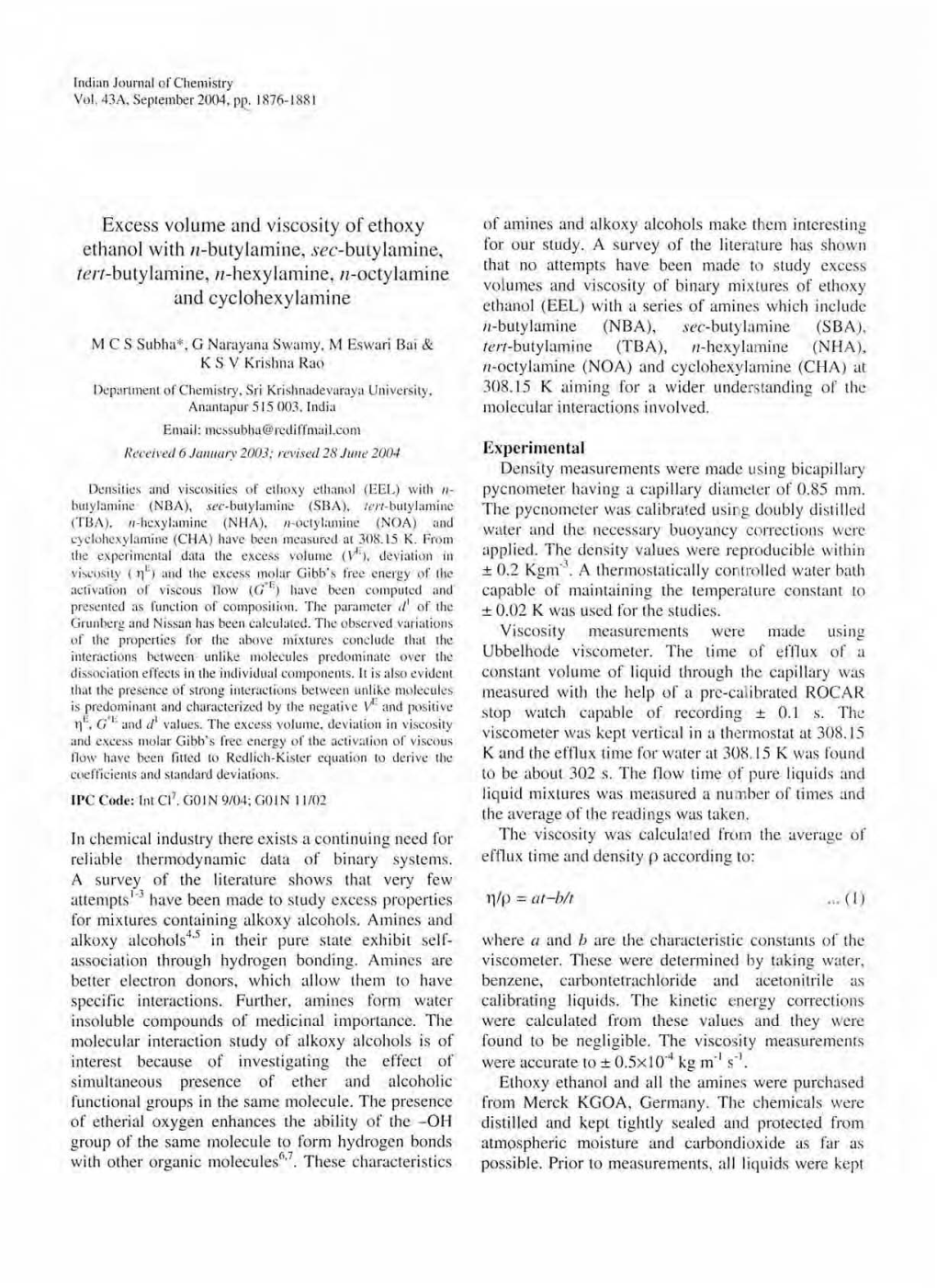 Excess Volume and Viscosity of Ethoxy Ethanol with N-Butylamine, Sec