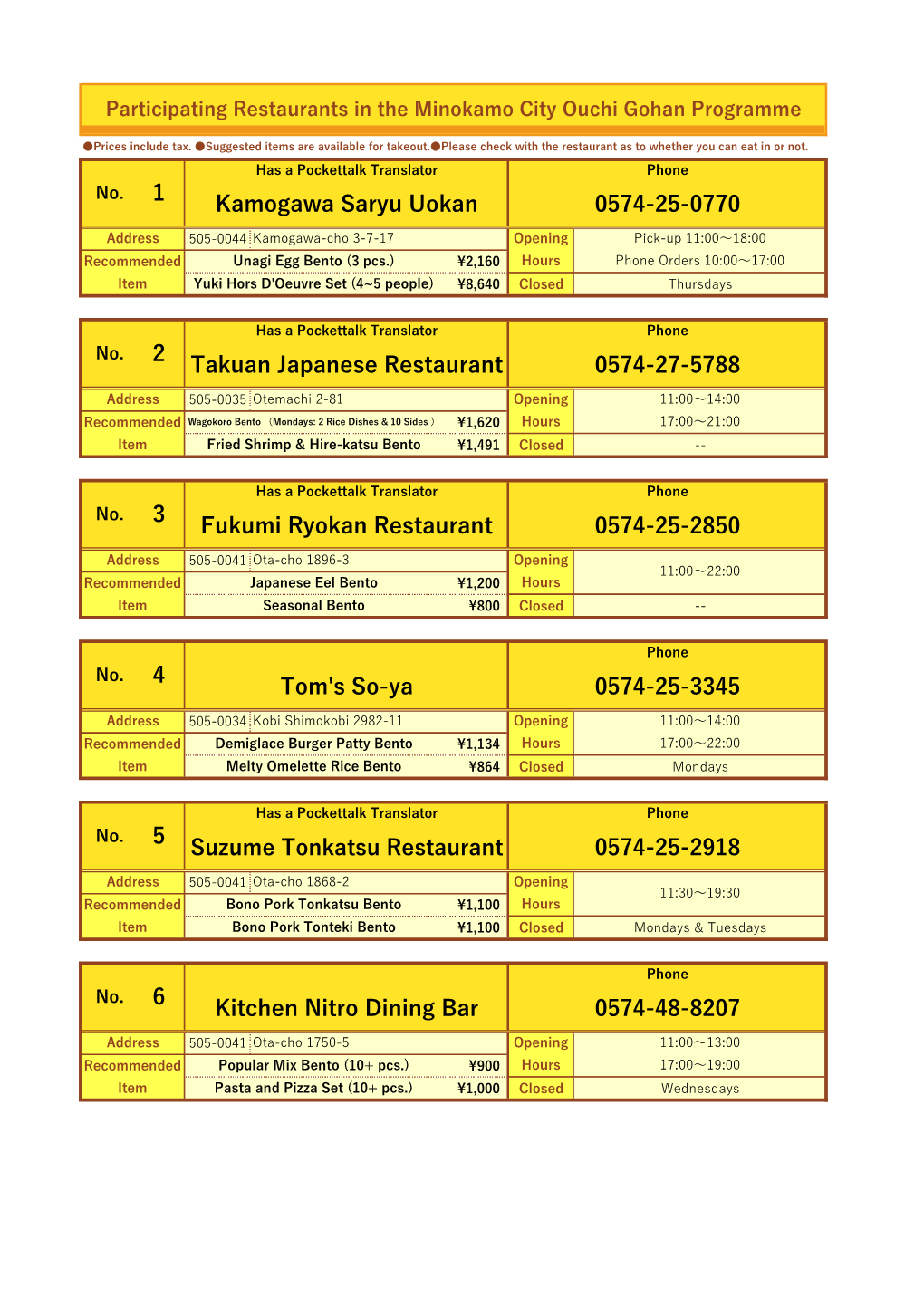 Participating Restaurants in the Minokamo City Ouchi Gohan Programme