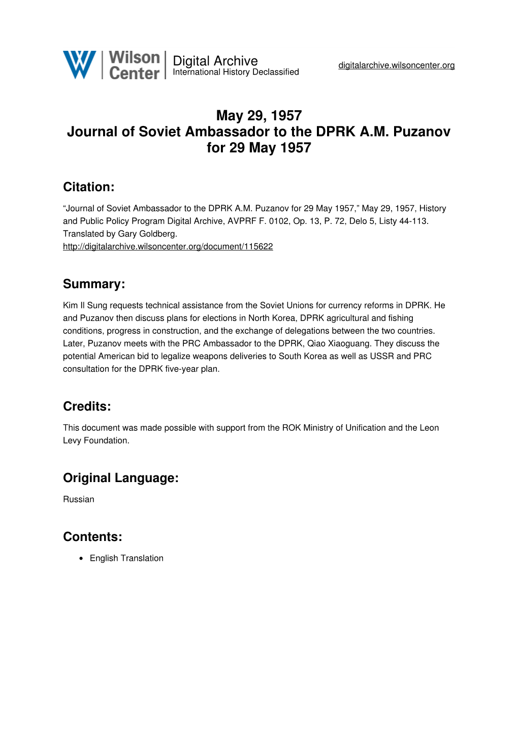 May 29, 1957 Journal of Soviet Ambassador to the DPRK A.M. Puzanov for 29 May 1957