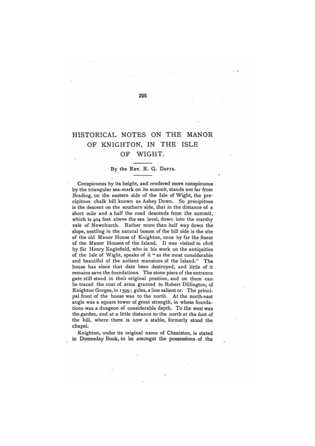 Historical Notes on the Manor of Knighton, in the Isle of Wight