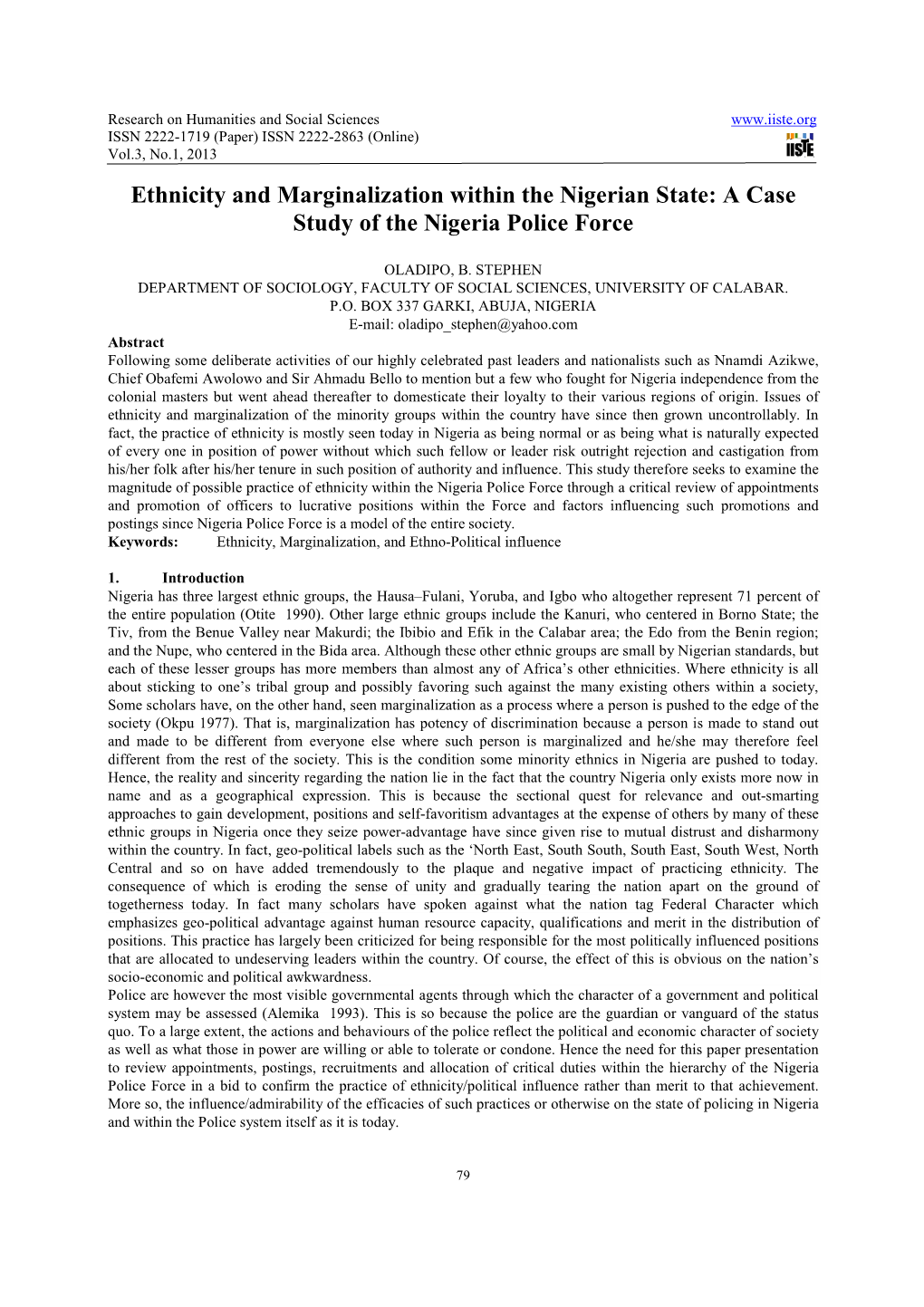 Ethnicity and Marginalization Within the Nigerian State: a Case Study of the Nigeria Police Force