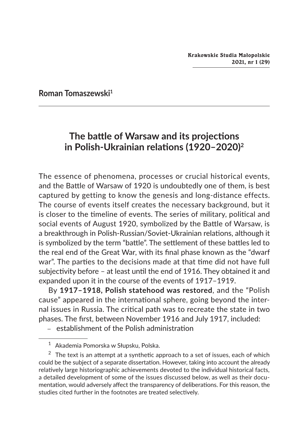 The Battle of Warsaw and Its Projections in Polish-Ukrainian Relations (1920–2020)2