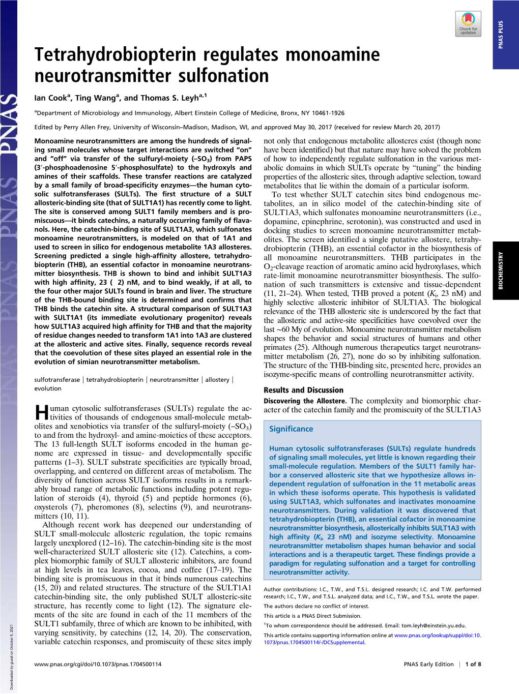 Tetrahydrobiopterin Regulates Monoamine Neurotransmitter