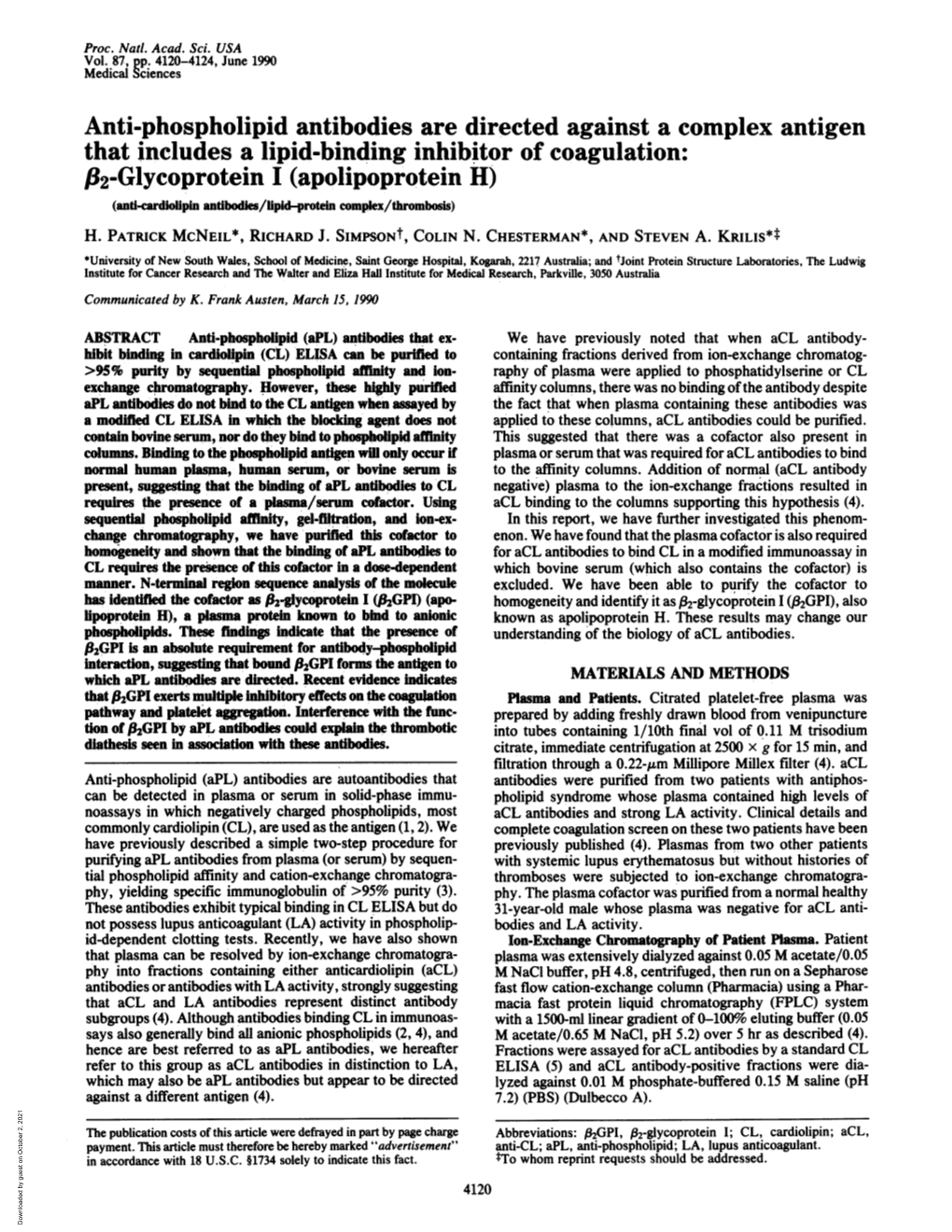182-Glycoprotein I (Apolipoprotein H) (Anti-Cardiolipin Antibodies/Lipid-Protein Complex/Thrombosis) H