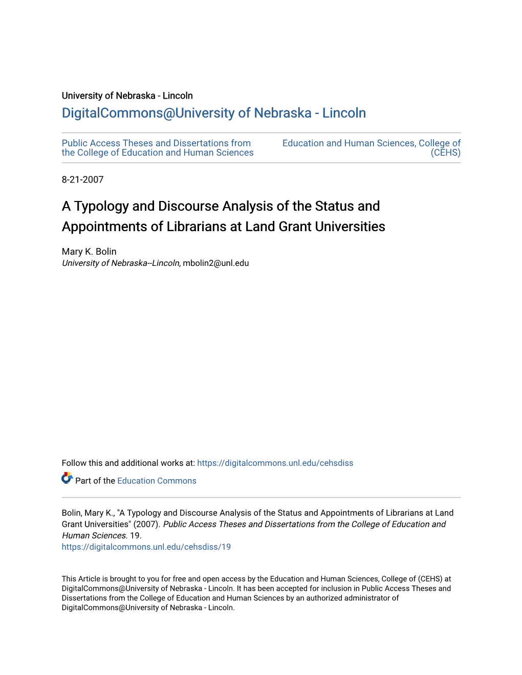 A Typology and Discourse Analysis of the Status and Appointments of Librarians at Land Grant Universities