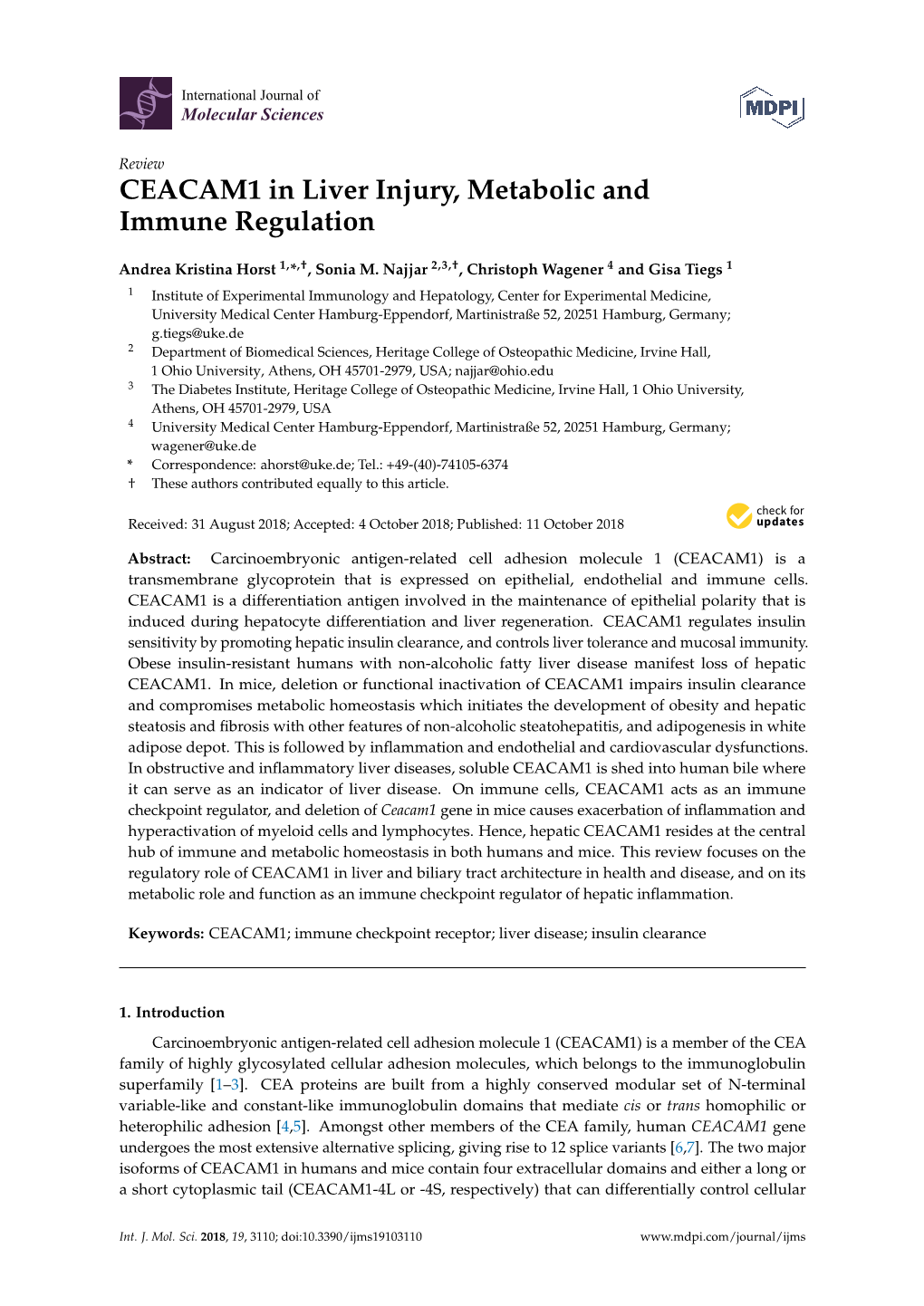 CEACAM1 in Liver Injury, Metabolic and Immune Regulation