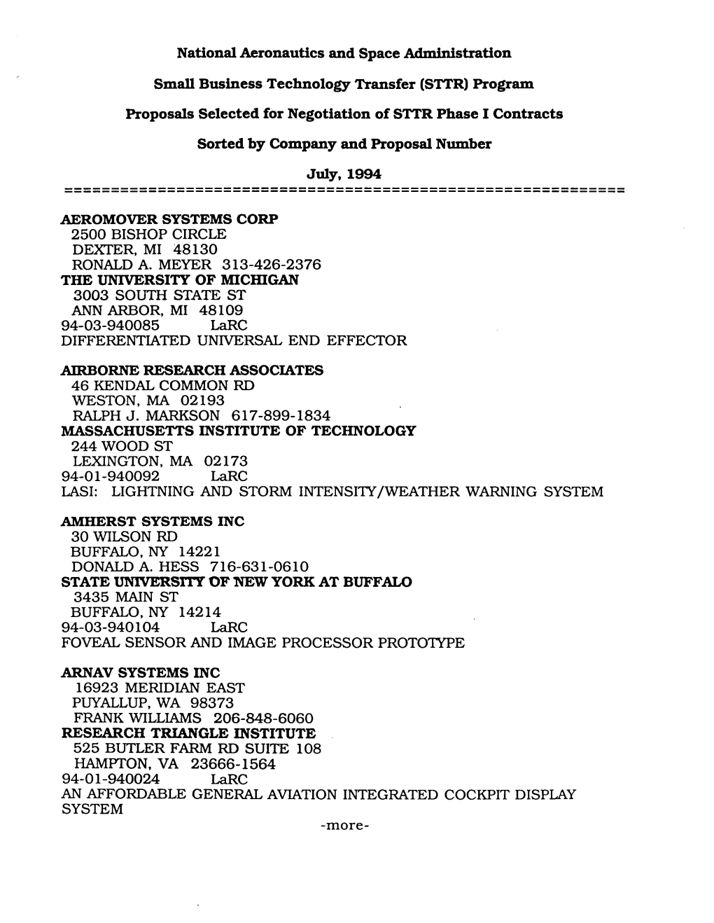 STTR) Program Proposals Selected for Negotiation of STTR Phase I Contracts Sorted by Company and Proposal Number