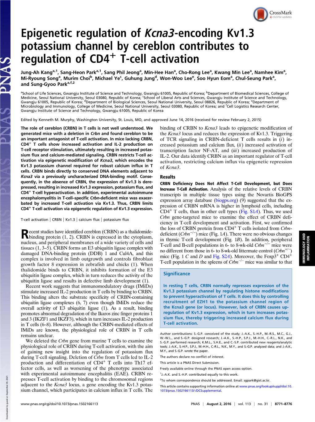 Epigenetic Regulation of Kcna3-Encoding Kv1.3 Potassium Channel by Cereblon Contributes to Regulation of CD4+ T-Cell Activation