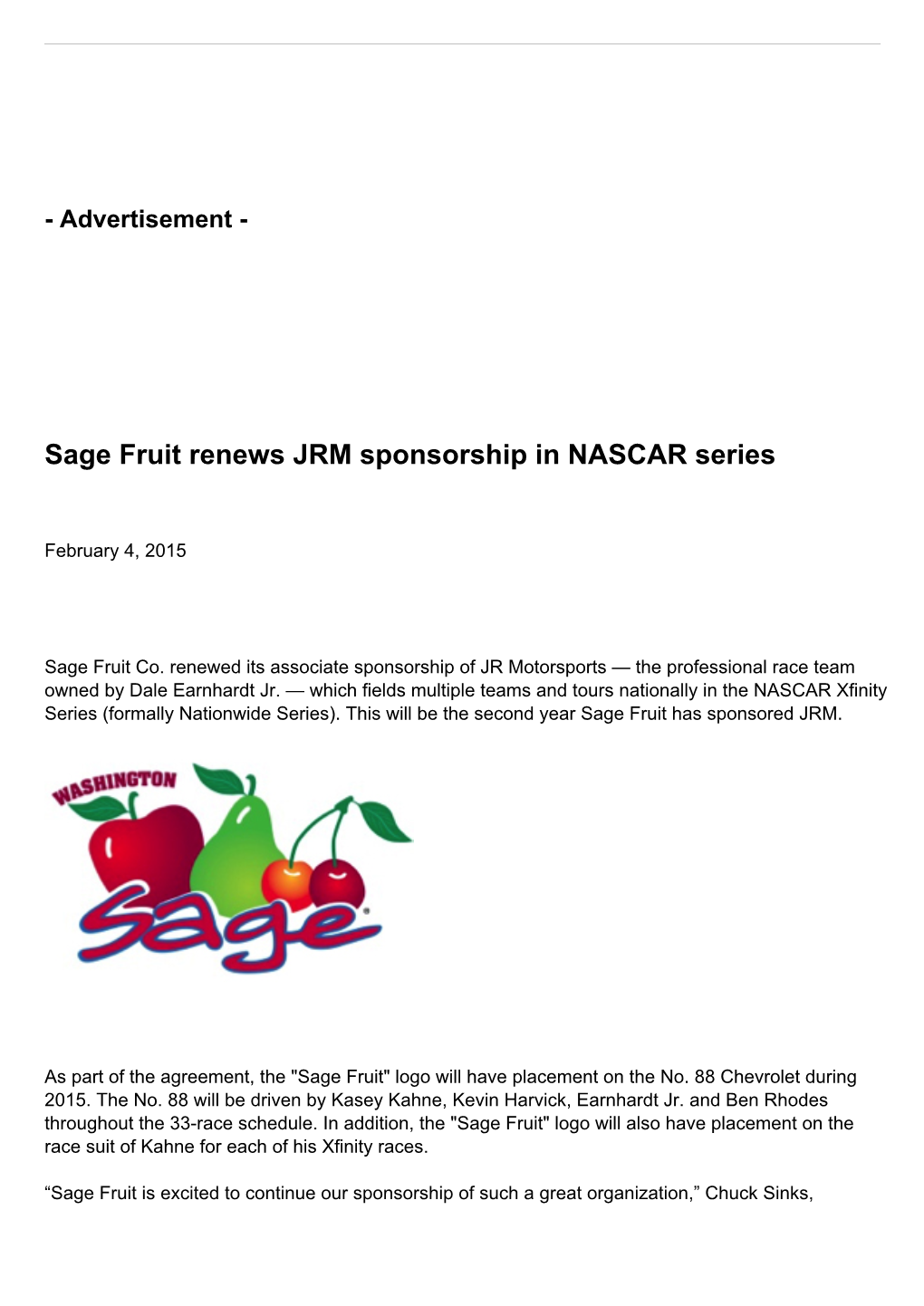 Sage Fruit Renews JRM Sponsorship in NASCAR Series