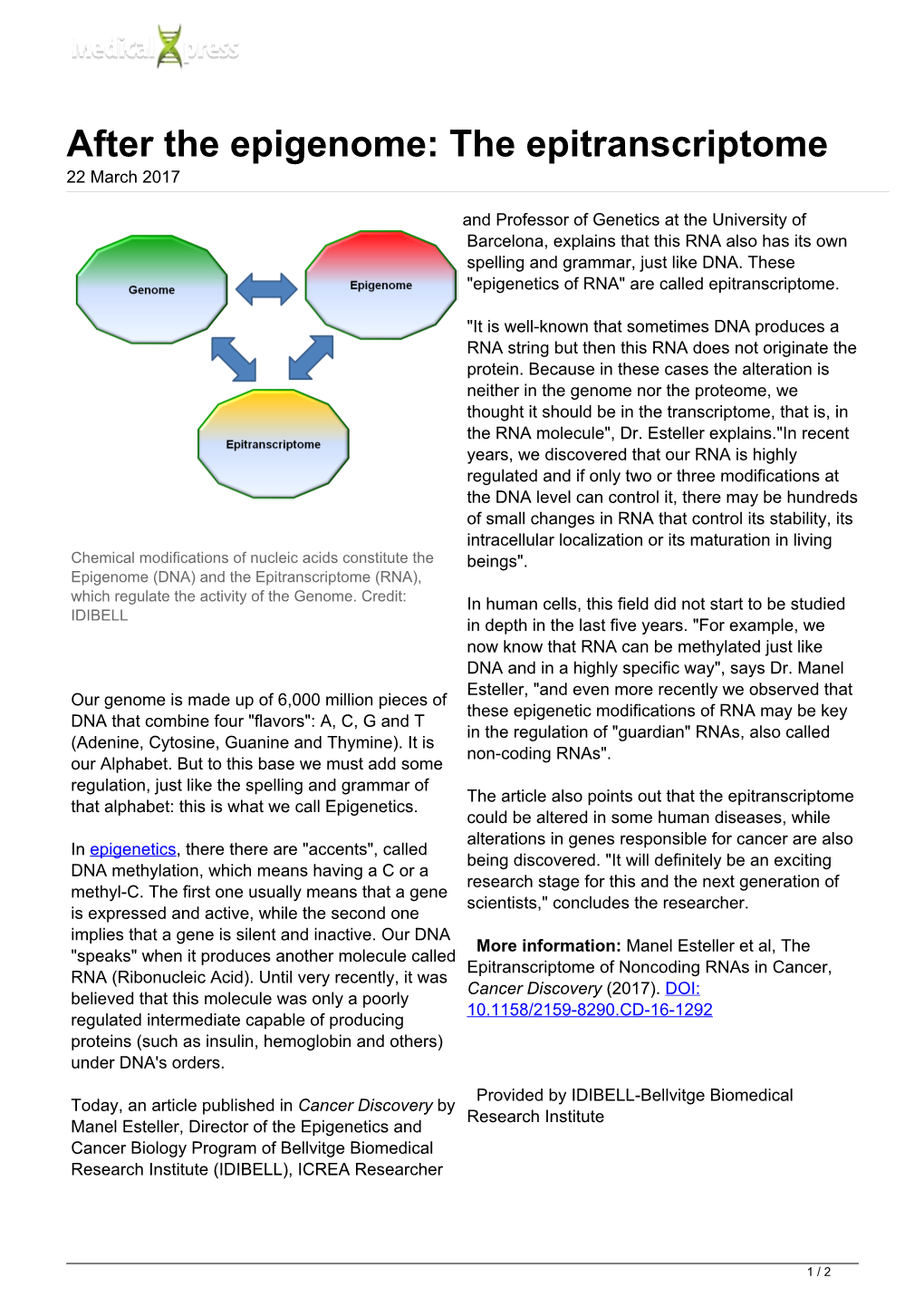 After the Epigenome: the Epitranscriptome 22 March 2017