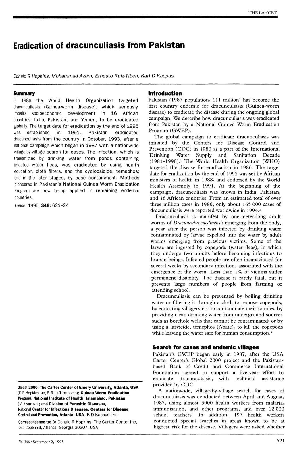 Eradication of Dracunculiasis from Pakistan