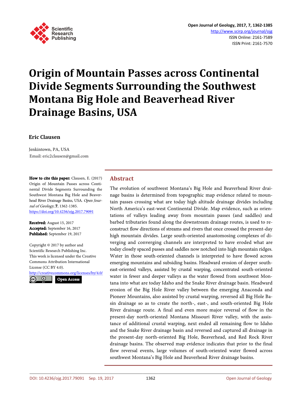 Origin of Mountain Passes Across Continental Divide Segments Surrounding the Southwest Montana Big Hole and Beaverhead River Drainage Basins, USA