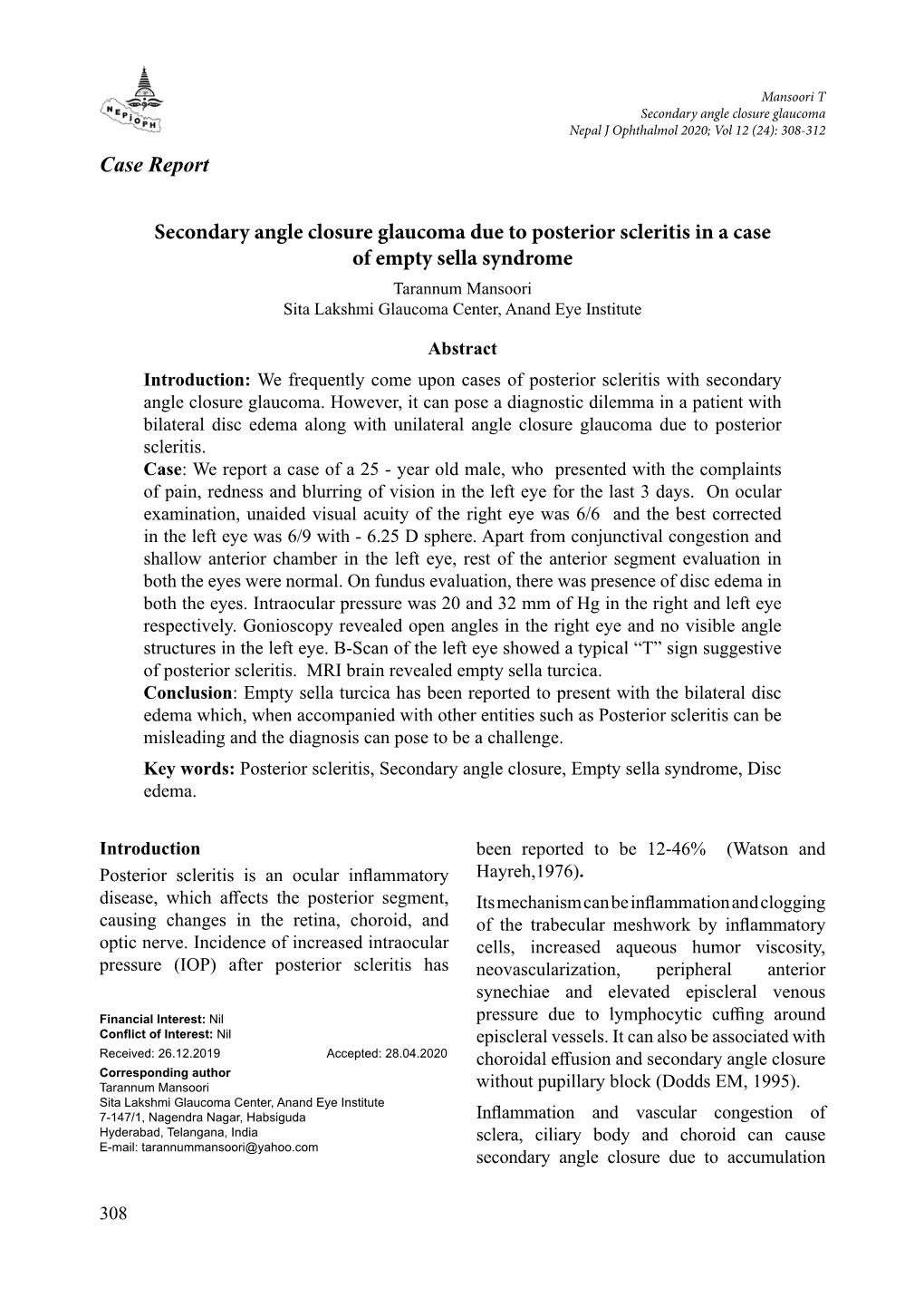 Case Report Secondary Angle Closure Glaucoma Due to Posterior Scleritis