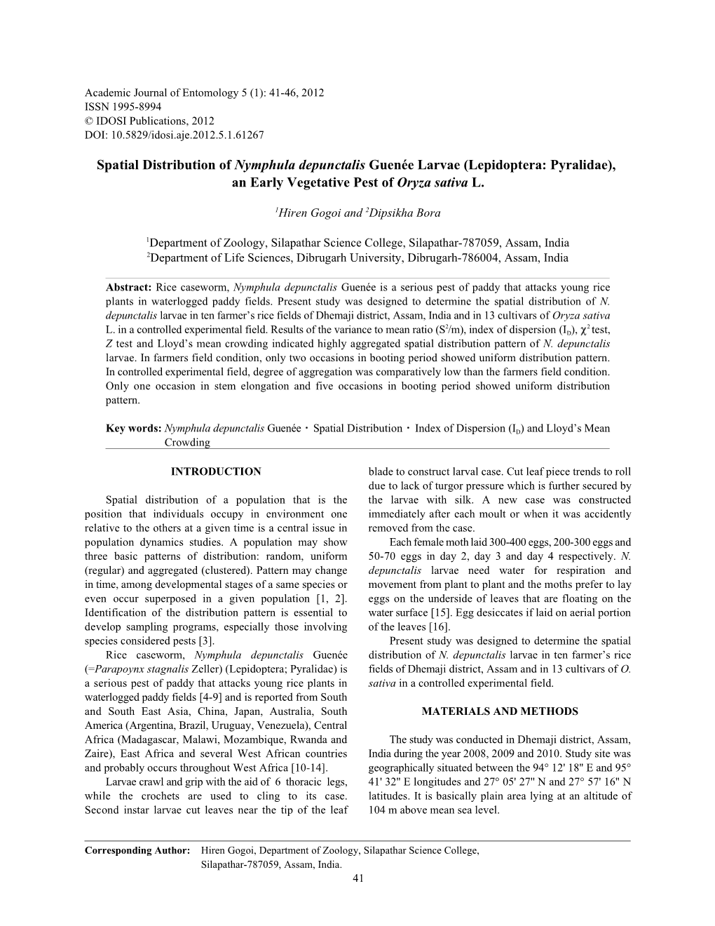 Spatial Distribution of Nymphula Depunctalis Guenée Larvae (Lepidoptera: Pyralidae), an Early Vegetative Pest of Oryza Sativa L