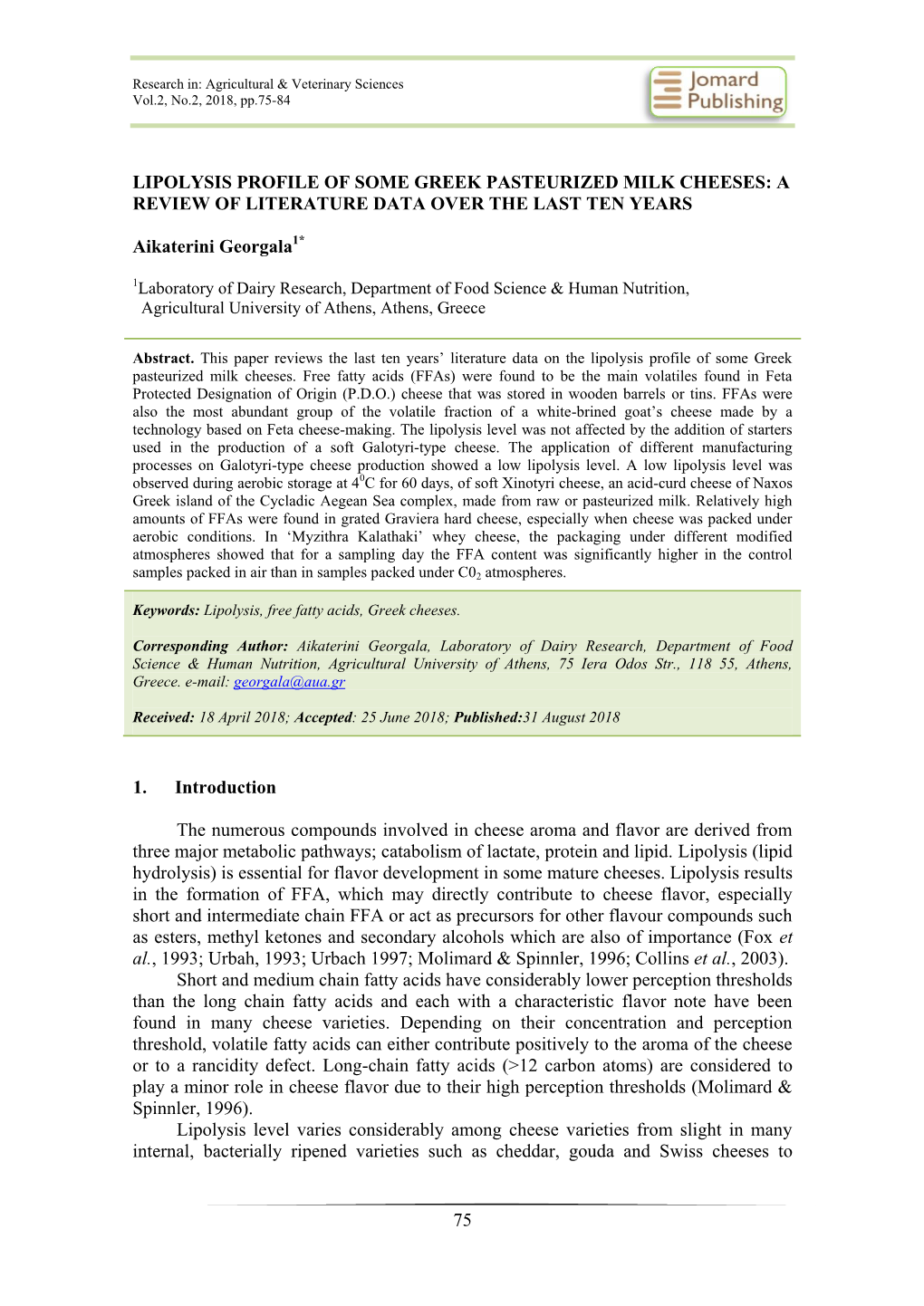 Lipolysis Profile of Some Greek Pasteurized Milk Cheeses: a Review of Literature Data Over the Last Ten Years