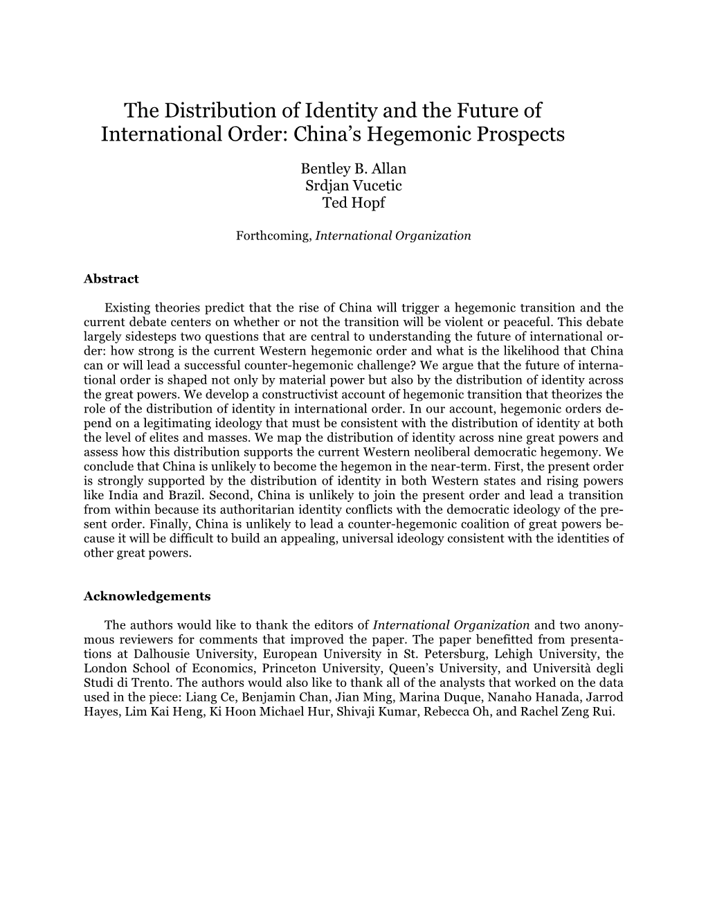 The Distribution of Identity and the Future of International Order: China's Hegemonic Prospects