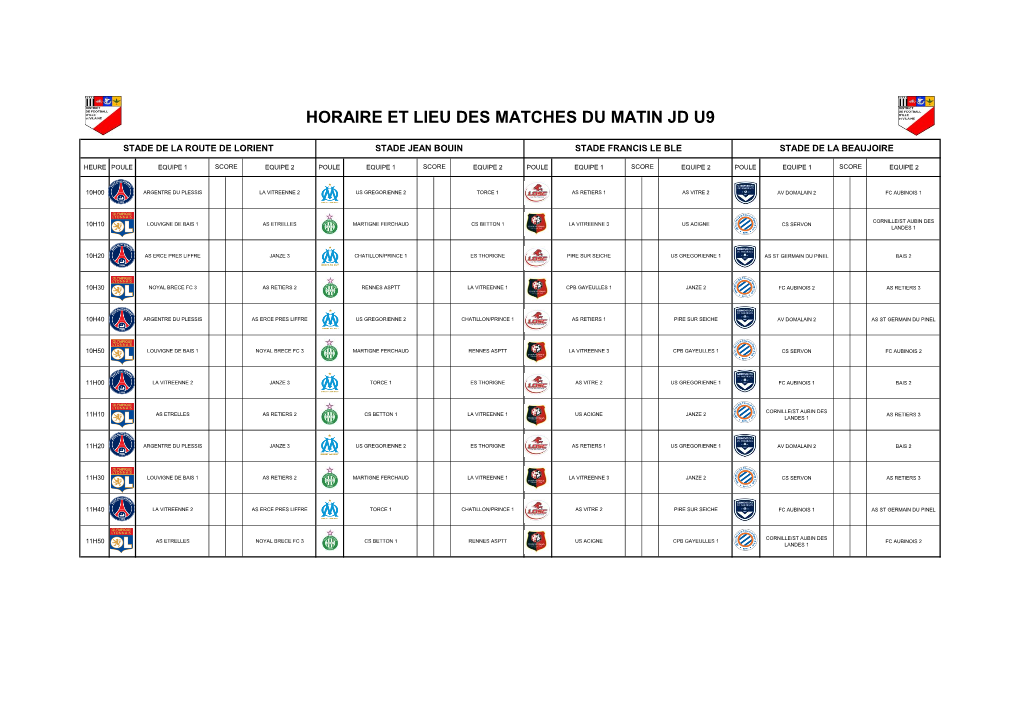 Horaire Et Lieu Des Matches Du Matin Jd U9