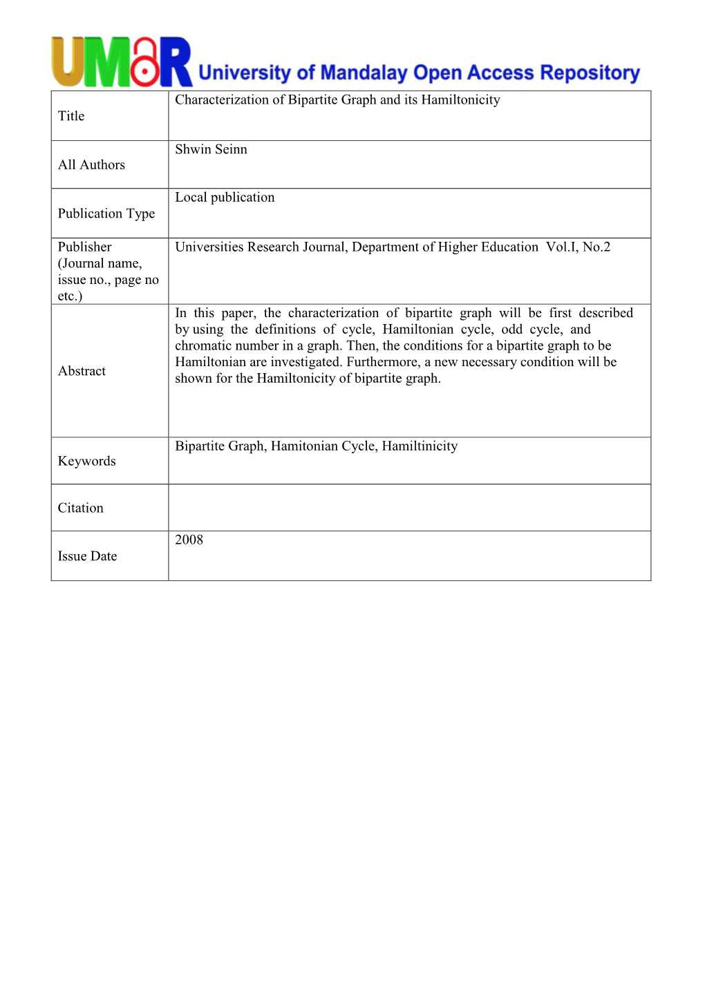 Title Characterization of Bipartite Graph and Its Hamiltonicity All