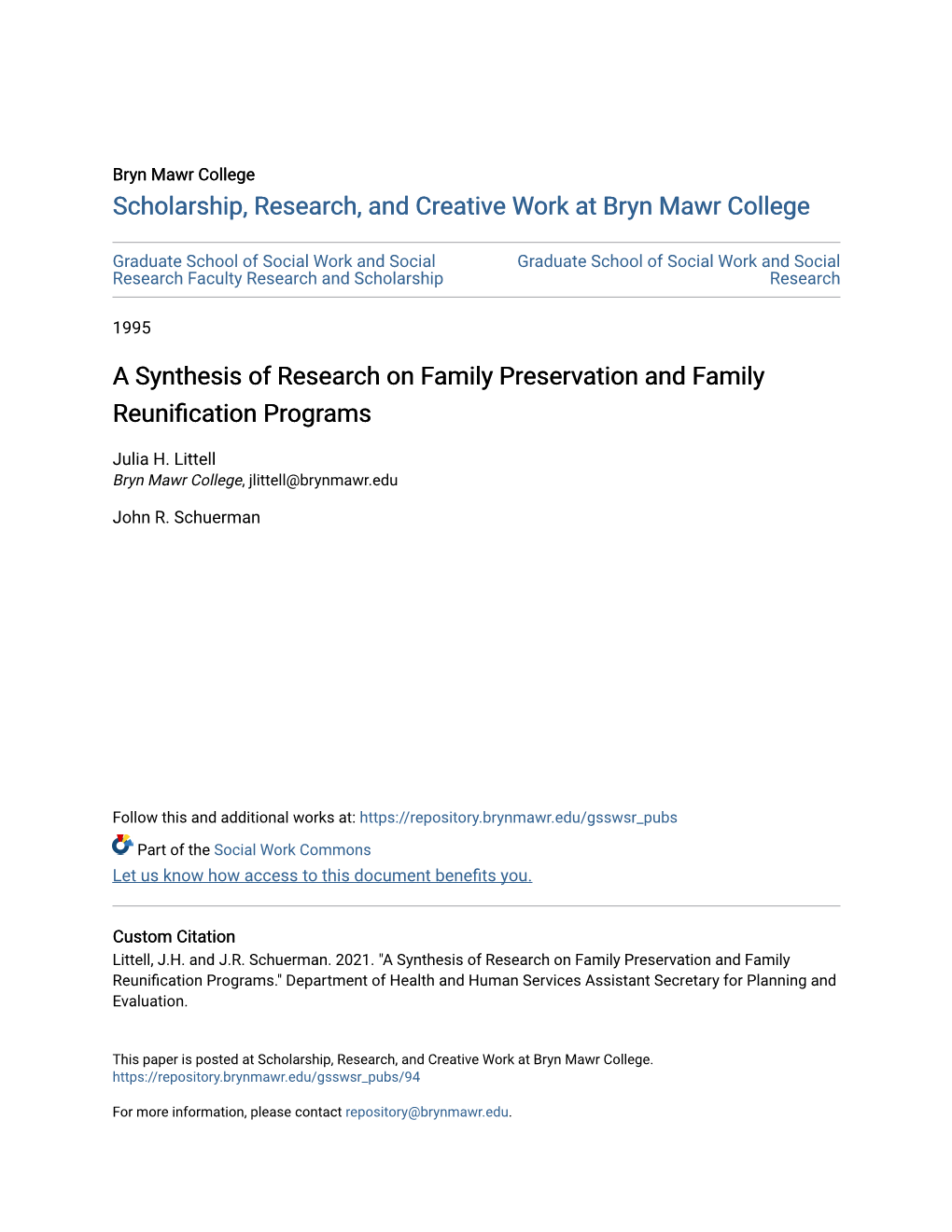 A Synthesis of Research on Family Preservation and Family Reunification Programs