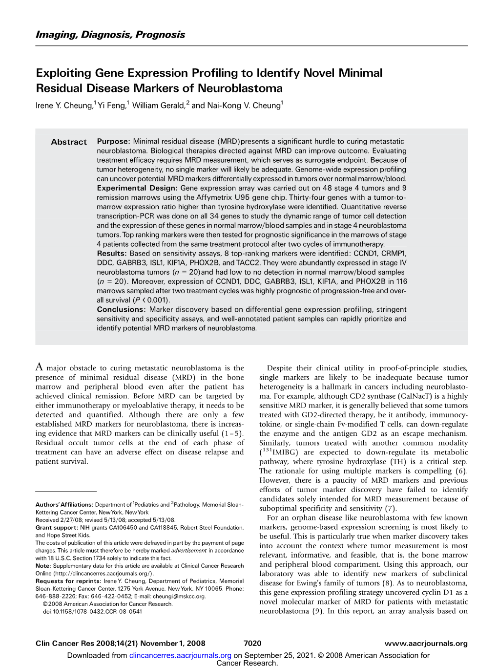 Exploiting Gene Expression Profiling to Identify Novel Minimal Residual Disease Markers of Neuroblastoma Irene Y