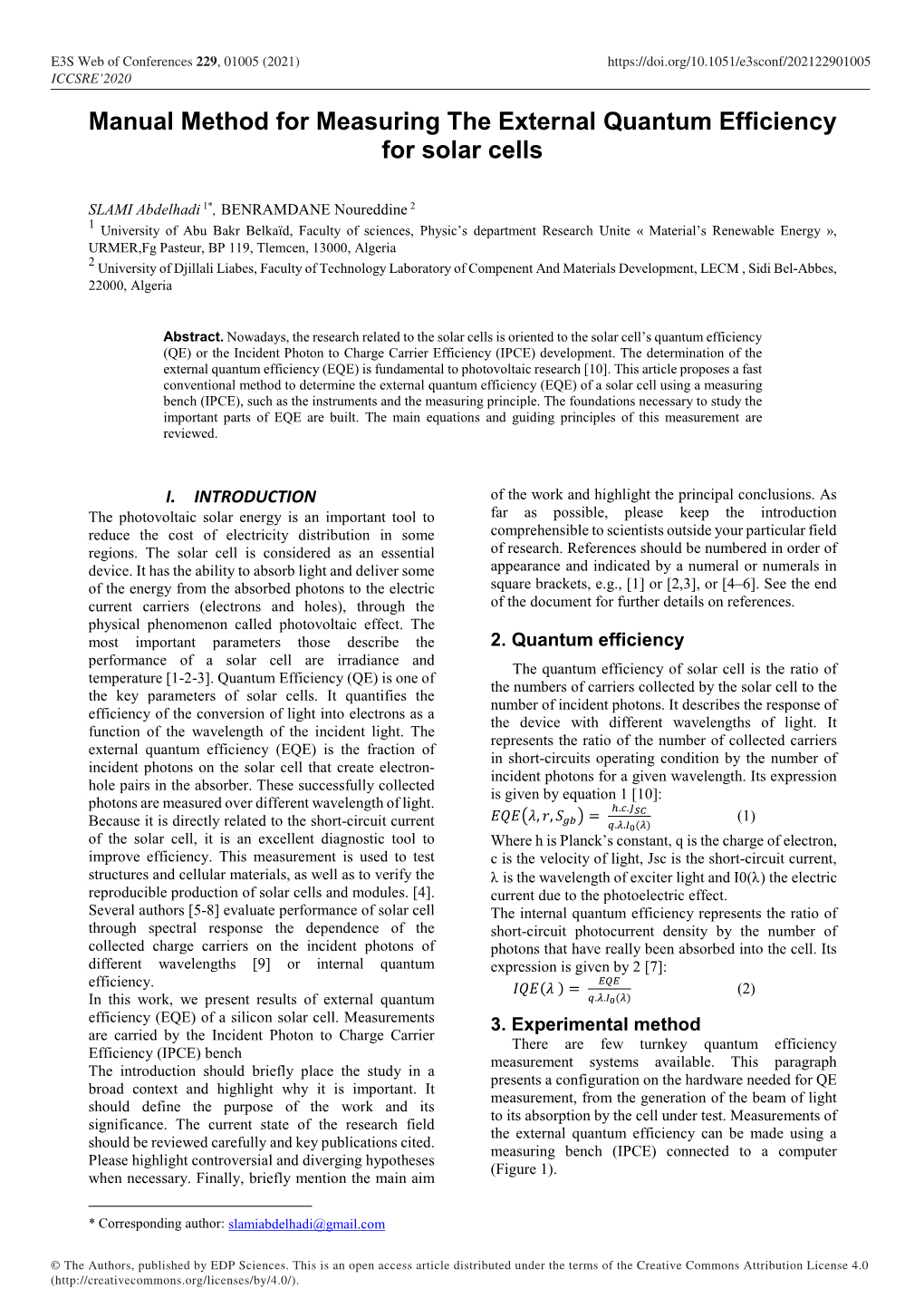 Manual Method for Measuring the External Quantum Efficiency for Solar Cells