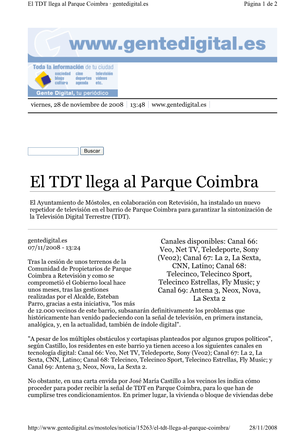 El TDT Llega Al Parque Coimbra · Gentedigital.Es Página 1 De 2