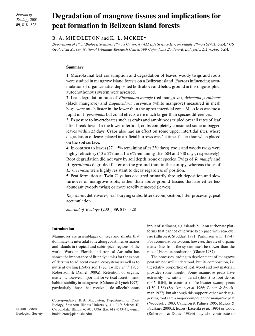 Degradation of Mangrove Tissues and Implications for Peat Formation In