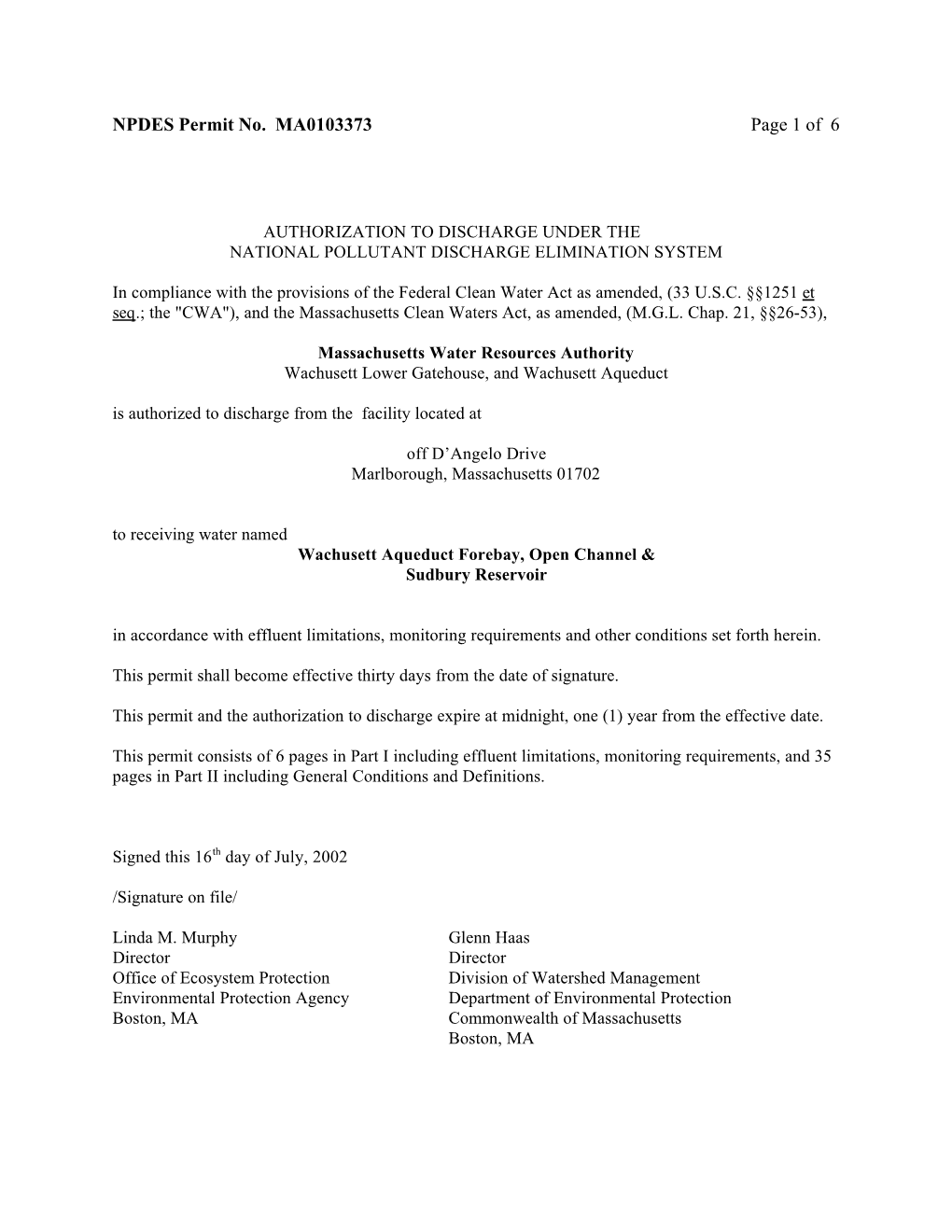 Authorization to Discharge Under the National Pollutant Discharge Elimination System