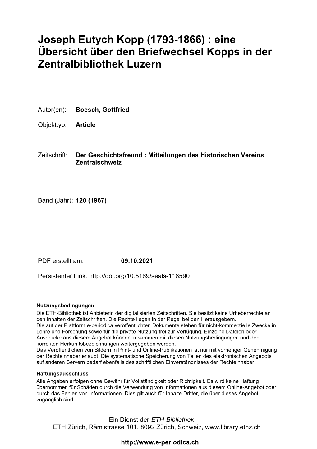 Joseph Eutych Kopp (1793-1866) : Eine Übersicht Über Den Briefwechsel Kopps in Der Zentralbibliothek Luzern