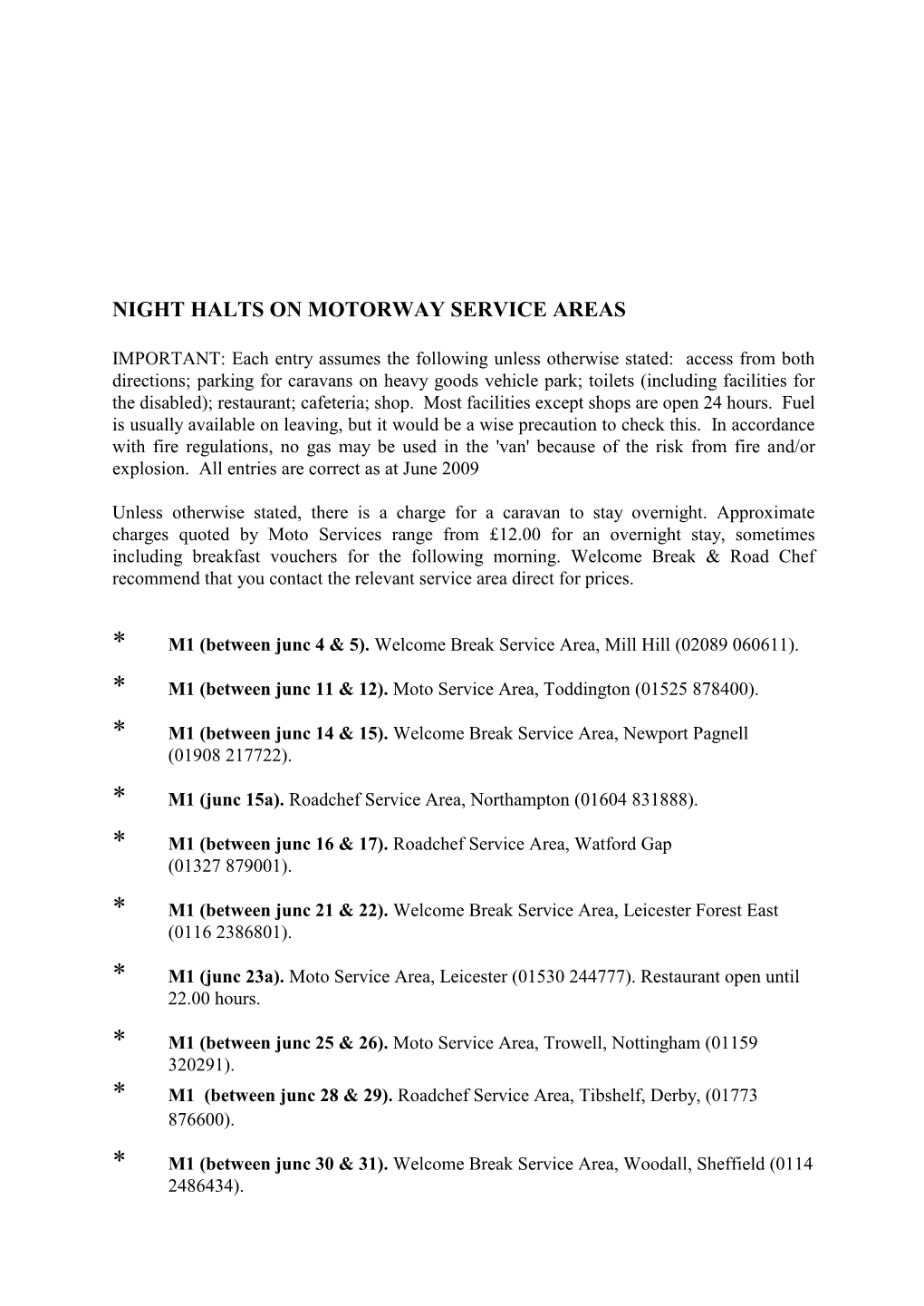 Night Halts on Motorway- Service Areas