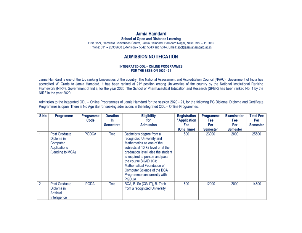 Jamia Hamdard ADMISSION NOTIFICATION