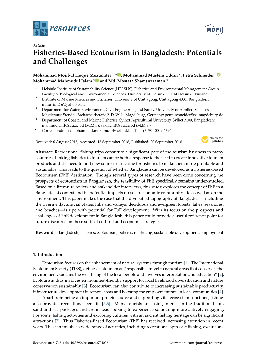 Fisheries-Based Ecotourism in Bangladesh: Potentials and Challenges