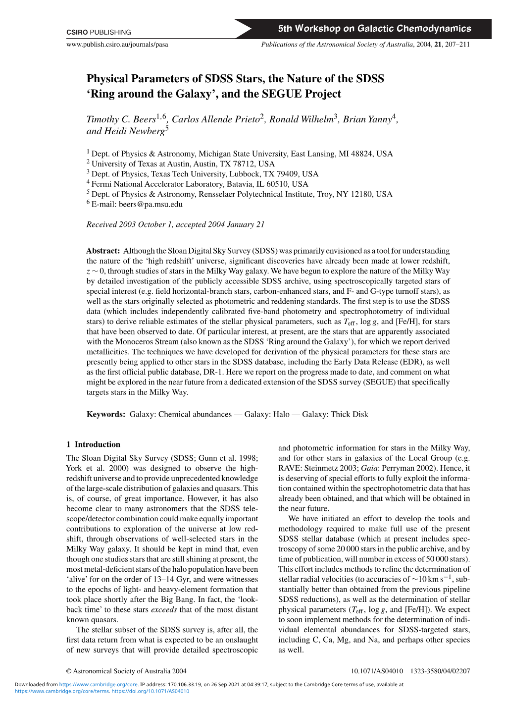 Physical Parameters of SDSS Stars, the Nature of the SDSS ‘Ring Around the Galaxy’, and the SEGUE Project