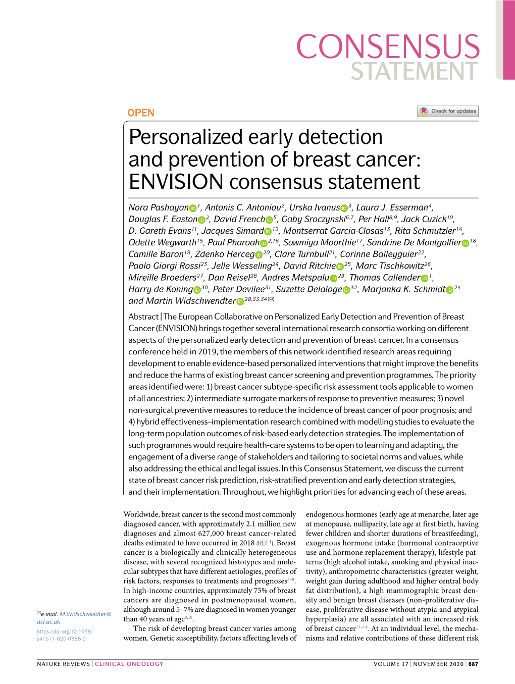 Personalized Early Detection and Prevention of Breast Cancer: ENVISION Consensus Statement