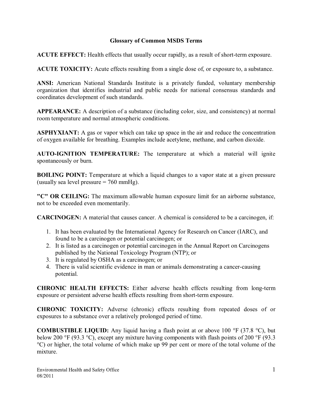 1 Glossary of Common MSDS Terms ACUTE EFFECT