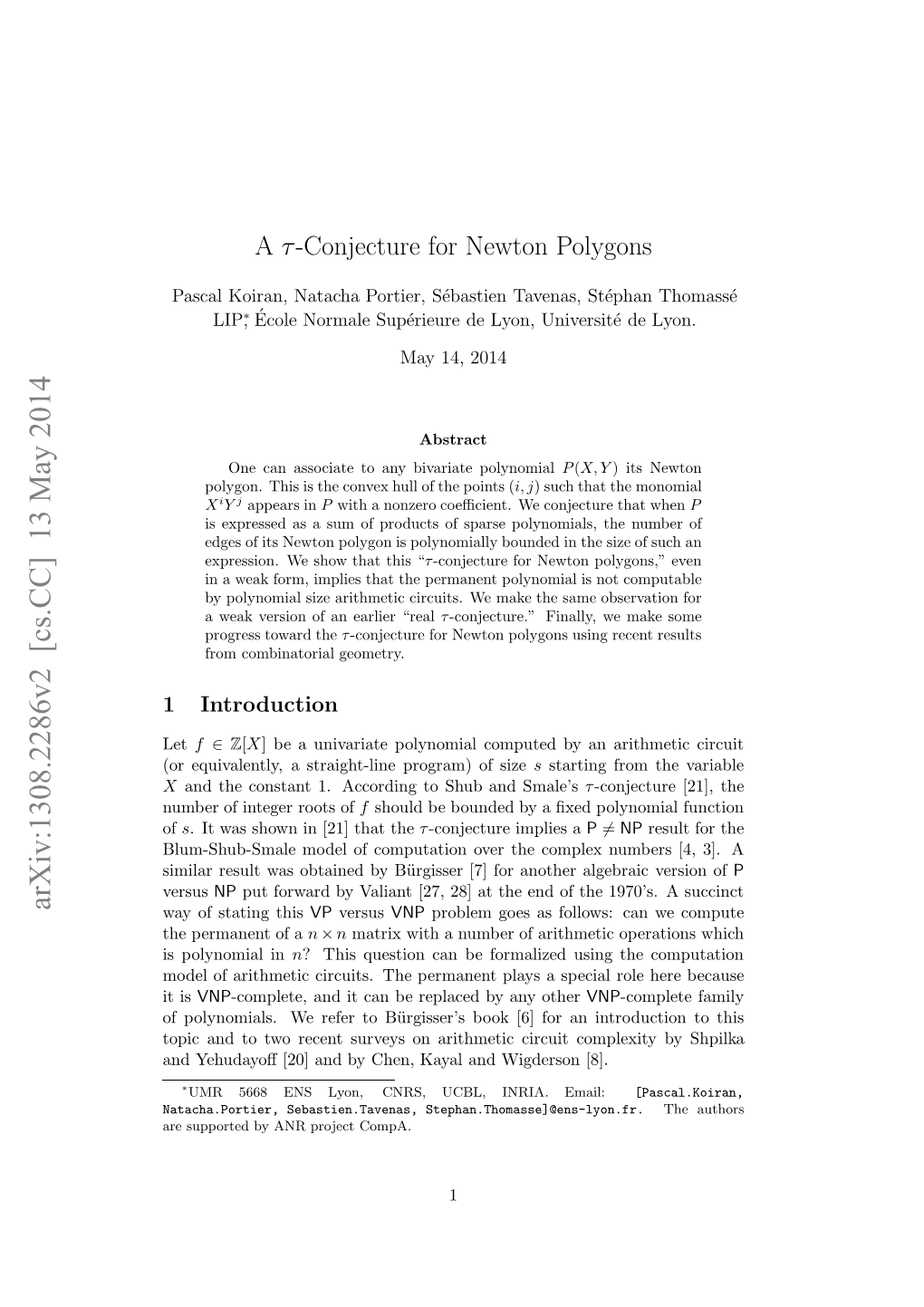 A Τ-Conjecture for Newton Polygons of Bivari- Ate Polynomials