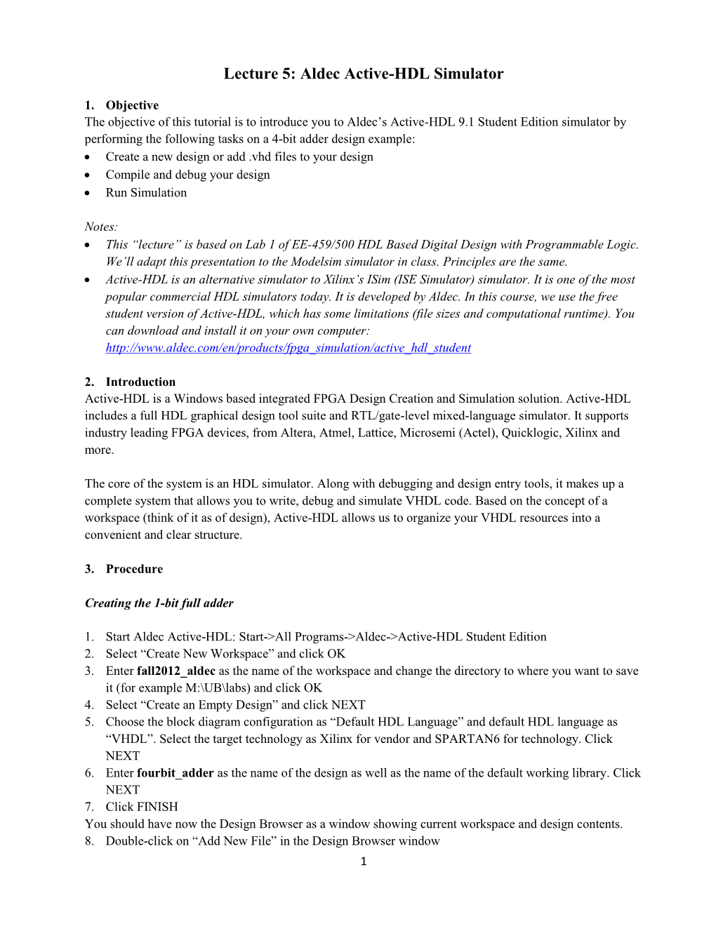 Lecture 5: Aldec Active-HDL Simulator