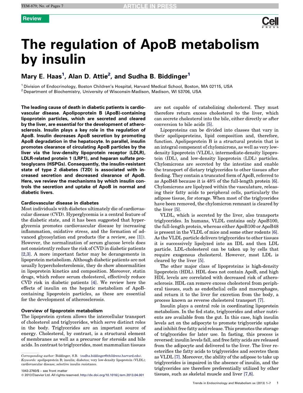 The Regulation of Apob Metabolism by Insulin